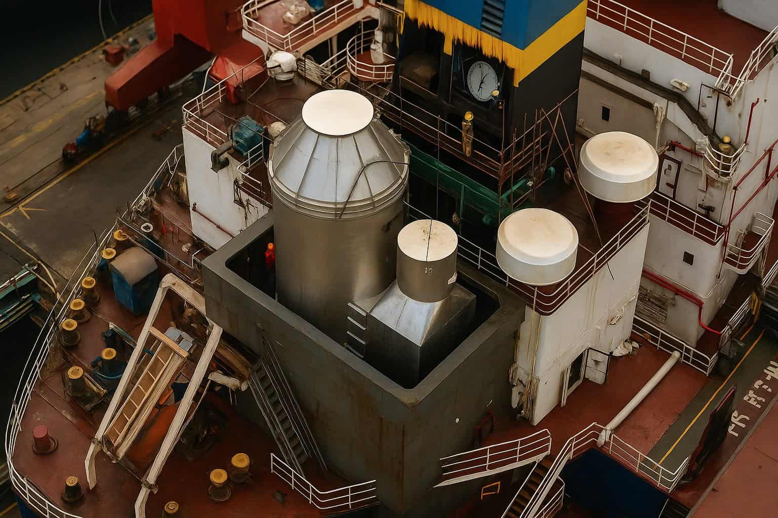 Marine scrubber system on a vessel with pipes and tanks.