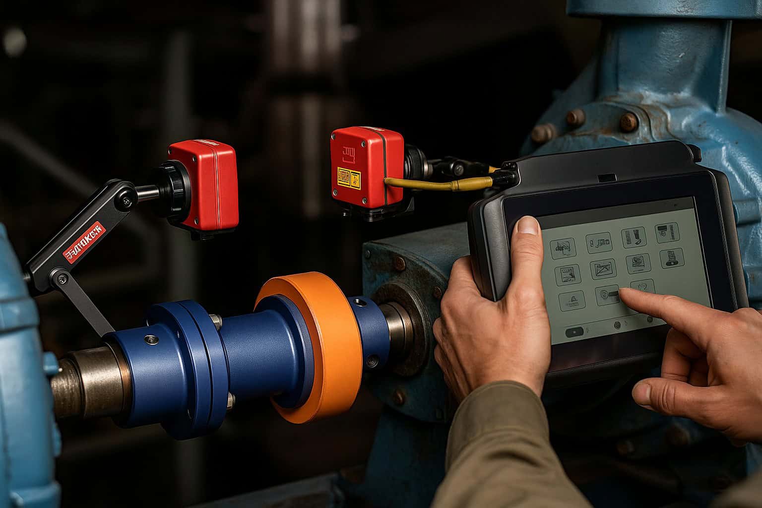 Engineer using tablet to inspect marine machinery.