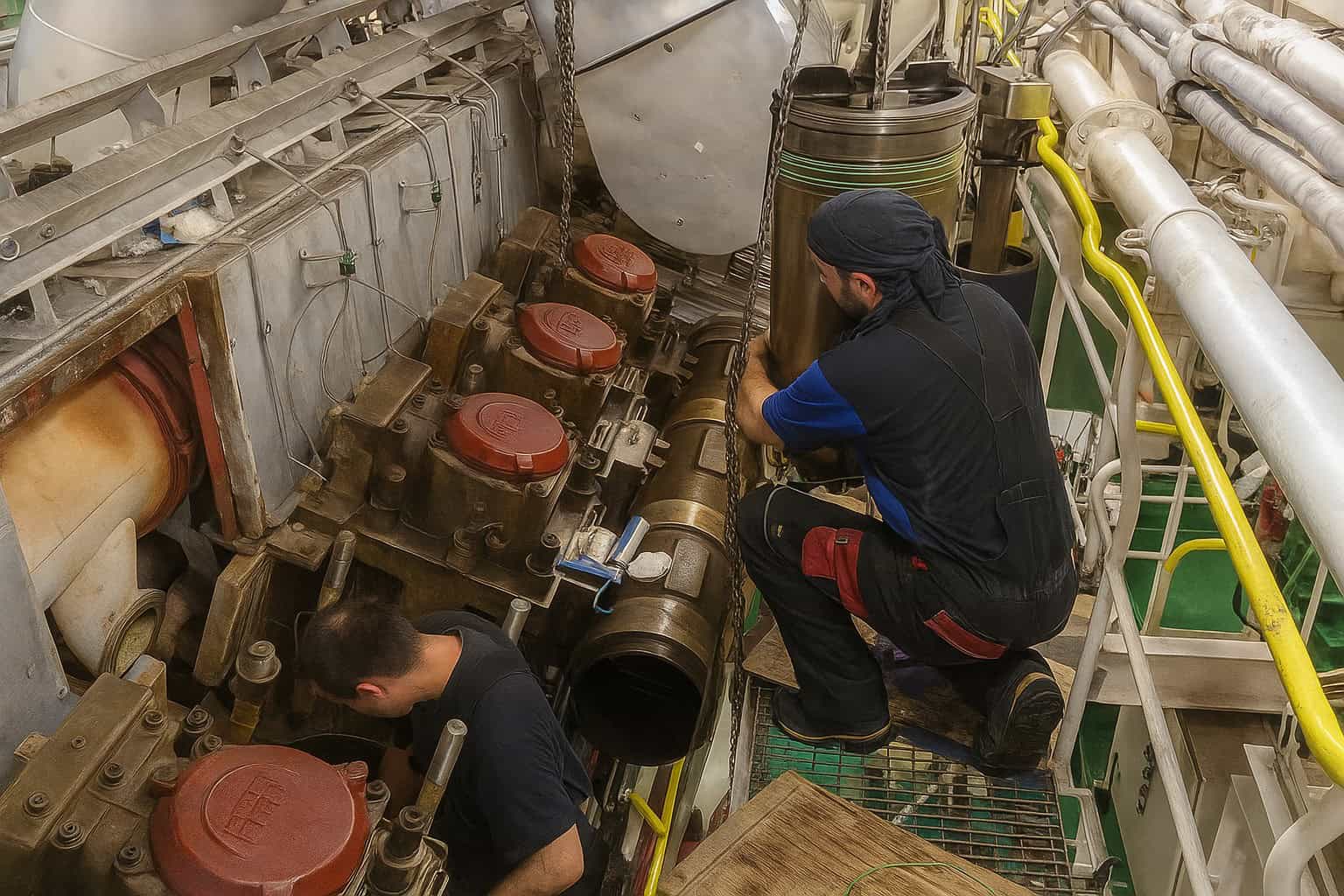 Engineer working on ship engine with tools and machinery around.