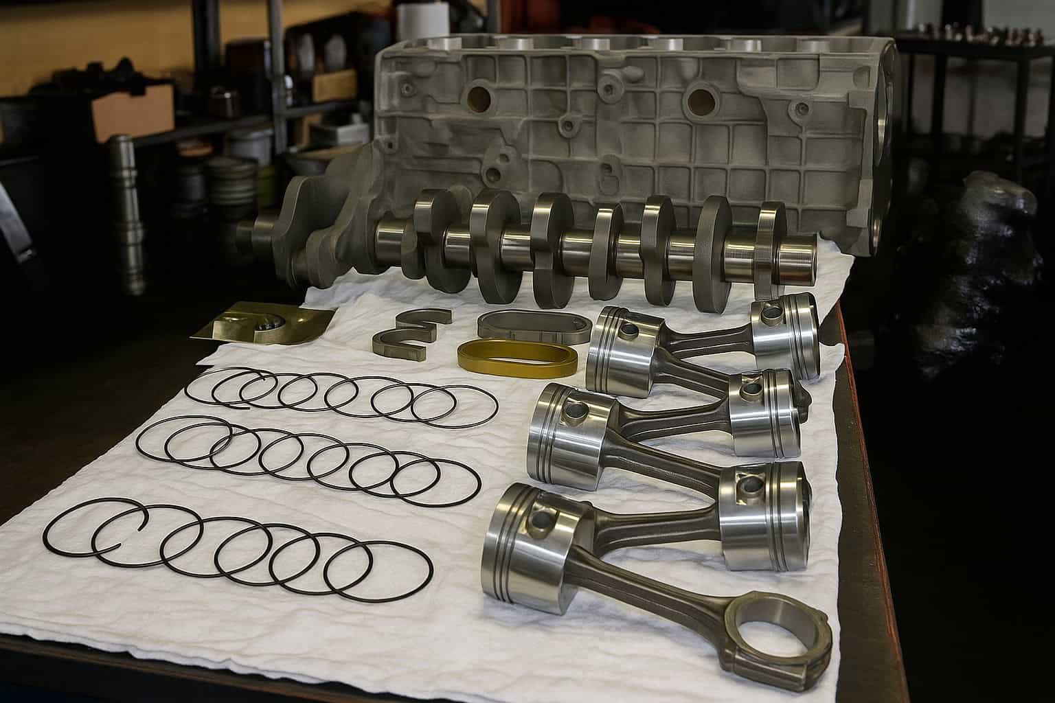 Engine parts including pistons, rings, and camshaft on a workbench.