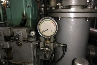 Pressure gauge on a marine engine with a needle pointing to 1.5 bar.